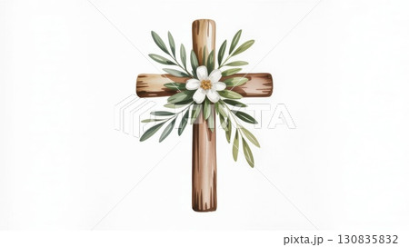Wooden Cross Adorned With Greenery and Flowers in a Serene Watercolor Style 130835832