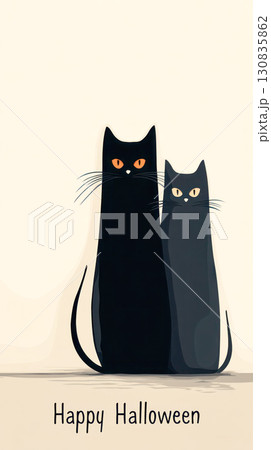Two whimsical cats in a playful pose, featuring vibrant colors and expressive eyes, celebrating the Halloween spirit with a festive message 130835862