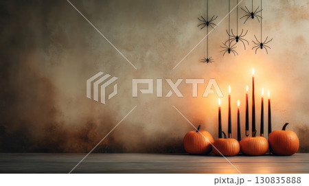 Halloween-themed decor featuring glowing candles and pumpkins on a rustic wooden table against a textured wall, creating a spooky atmosphere 130835888