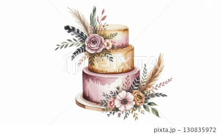 Elegant Watercolor Illustration of a Decorative Cake Adorned With Flowers and Foliage 130835972
