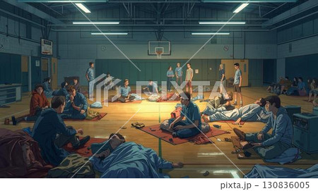 震災の夜_体育館で一夜を過ごす人々 130836005