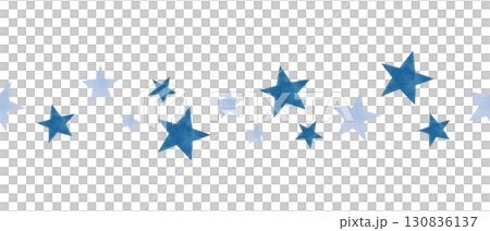 Seamless border of blue stars of different sizes. Watercolor illustration. Banner with night sky atmosphere. Hand drawn isolated art. Cartoon children's sketch for bedroom, bed linen, packaging. 130836137