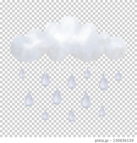 Cloud with falling raindrops. Watercolor and marker illustration. Composition in blue tones with elements of sky and weather. Hand drawn isolated art. Children's drawing for bedroom, clothes. 130836139