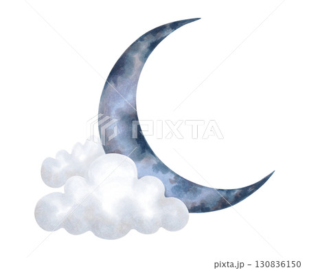 Blue crescent moon with cloud. Watercolor and marker illustration. Hand drawn isolated image with sky elements. Clipart, cartoon children's sketch for children's room, clothes, cards, congratulations. 130836150