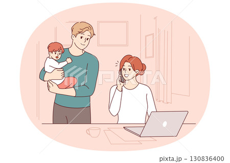 Housewife man with child stands near business wife talking on phone and using computer 130836400