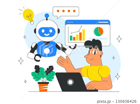 AI Powered Tools Illustration featuring Ai Powered Data analytics, Automated Information Research, Mobile Intelligent interfaces, and SEO Advertising 130836426