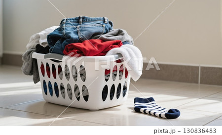 Laundry Basket Filled With Colorful Clothes and a Single Striped Sock on the Clean Tile Floor Laundry Basket Filled With Colorful Clothes and a Single Striped Sock on the Clean Tile Floor 130836483