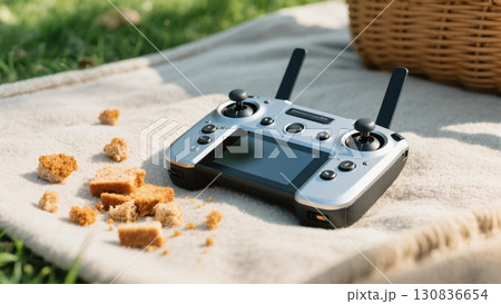 Bread Crumbs Scattered Near a Drone Controller on a Blanket in a Sunny Outdoor Setting 130836654