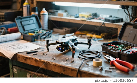 Drone on a Workbench With Tools and Equipment in a Workshop Setting Drone on a Workbench With Tools and Equipment in a Workshop Setting 130836657