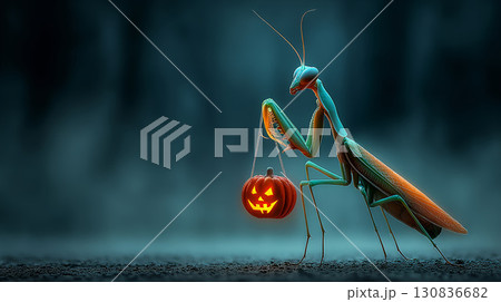 Alien-looking praying mantis holding a glowing carved jack-o'-lantern. Halloween celebration Alien-looking praying mantis holding a glowing carved jack-o'-lantern. Halloween celebration 130836682