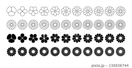 Flower petal shape icons set. Infographic circle diagram. Pie simple chart. Flower leaves geometric graphic element. Round wheel design chart. Vector illustration isolated on white background Flower petal shape icons set. Infographic circle diagram. Pie simple chart. Flower leaves geometric graphic element. Round wheel design chart. Vector illustration isolated on white background 130836744