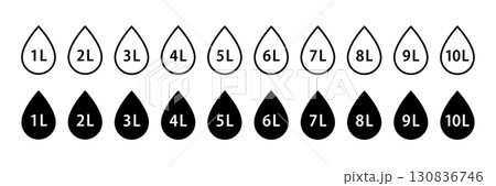 Water volume symbol from 1 to 10 liters. Liquid capacity icons set. Water drop line icon. Fluid volume. L sign. Scale for liquid. Vector illustration isolated on white background 130836746