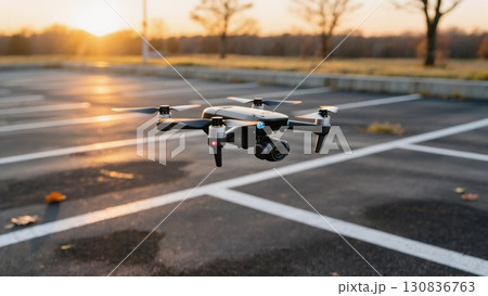 Drone Hovering in Empty Parking Lot During Sunset in a Quiet Location Drone Hovering in Empty Parking Lot During Sunset in a Quiet Location 130836763