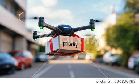 Delivery Drone Carrying Package Navigates Urban Street During Sunny Day 130836795