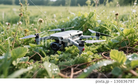 Exploring Nature With a Drone on a Sunny Day in a Vibrant Green Field 130836797