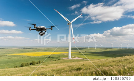 Drone Flying Near Wind Turbine in an Expansive Green Landscape Under a Blue Sky With Clouds 130836799