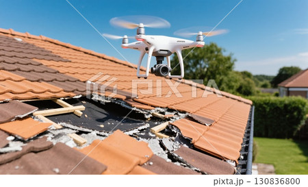 Drone Inspecting Damage on a Roof During a Clear Sunny Day in a Residential Neighborhood 130836800