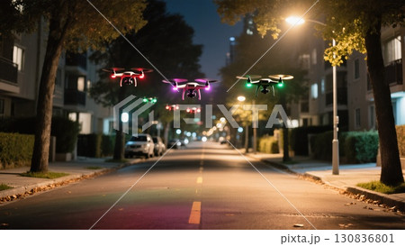 Drones Flying Over a Quiet City Street at Night With Colorful Lights Illuminating the Scene 130836801