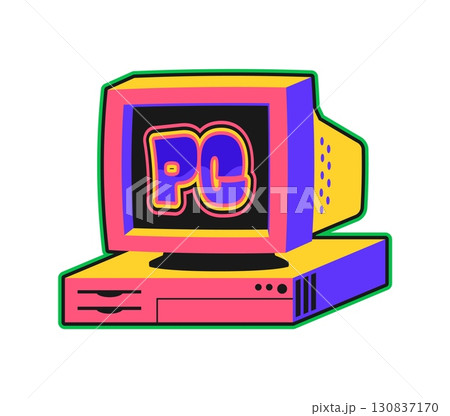 PC computer Y2K groovy sticker or funky tag. Digital device Y2K vector patch, 1990s electronics hardware tag. Retro computer technology sticker with old CRT monitor or screen, vintage computer tower PC computer Y2K groovy sticker or funky tag. Digital device Y2K vector patch, 1990s electronics hardware tag. Retro computer technology sticker with old CRT monitor or screen, vintage computer tower 130837170