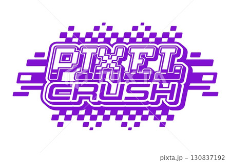 Pixel crush computer and technology retro Y2K icon or emblem. Retro PC technology vector element, old software 60s 70s icon. Computer company Retro sign with pixelated typography, purple color text Pixel crush computer and technology retro Y2K icon or emblem. Retro PC technology vector element, old software 60s 70s icon. Computer company Retro sign with pixelated typography, purple color text 130837192