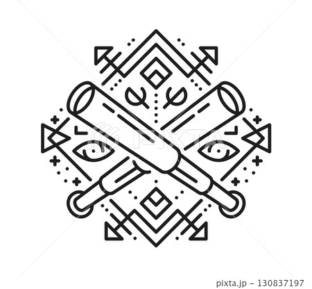 Pirate crossed spyglasses esoteric line symbol. Filibuster sailing magic outline vector tattoo, corsair pirate marine sacred lineart symbol. Buccaneer esoteric sign with medieval telescope or spyglass 130837197
