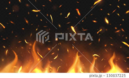 Realistic campfire bonfire with fire flame ember sparks on transparent background. Vector 3d burning fire red light with hot flames, realistic campfire orange glow, bonfire with sparks background Realistic campfire bonfire with fire flame ember sparks on transparent background. Vector 3d burning fire red light with hot flames, realistic campfire orange glow, bonfire with sparks background 130837225