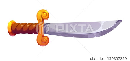 Pirate bandit cartoon fantasy sword game element. Buccaneer bandit fantasy blade vector videogame asset, pirate sailor weapon sabre. Medieval filibuster isolated sword with golden crossguard 130837239