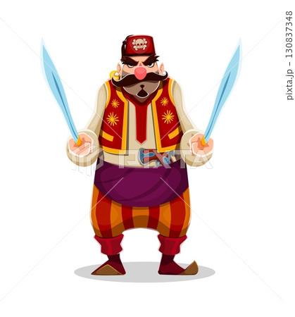 Cartoon Turkish pirate and corsair character holding swords. Isolated vector sailor personage with mustaches and traditional vibrant Turkey trousers and vest, exudes a sense of adventure and boldness 130837348