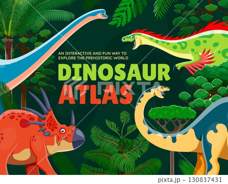 Prehistoric dinosaur characters atlas book cover template. Paleontology vector brochure, dinosaurs book cover with antarctosaurus, styracosaurus, melanorosaurus and raptor dinosaurs characters Prehistoric dinosaur characters atlas book cover template. Paleontology vector brochure, dinosaurs book cover with antarctosaurus, styracosaurus, melanorosaurus and raptor dinosaurs characters 130837431
