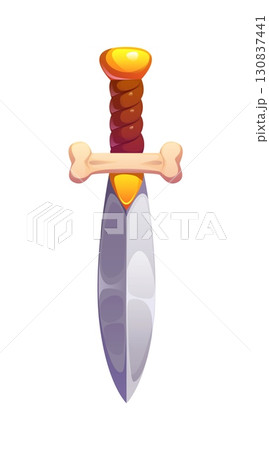 Pirate skipper cartoon cutlass sword game object. Buccaneer bandit isolated sabre vector icon, pirate sailor weapon sword asset. Corsair privateer fantasy dagger with crossguard made of gold and bone 130837441