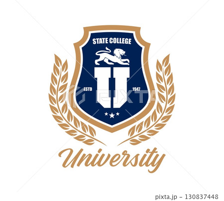 State university, college sport team icon or emblem. College vector emblem, international university badge. Academy symbol with U letter, lion, laurel wreath, shield and handwritten typography State university, college sport team icon or emblem. College vector emblem, international university badge. Academy symbol with U letter, lion, laurel wreath, shield and handwritten typography 130837448