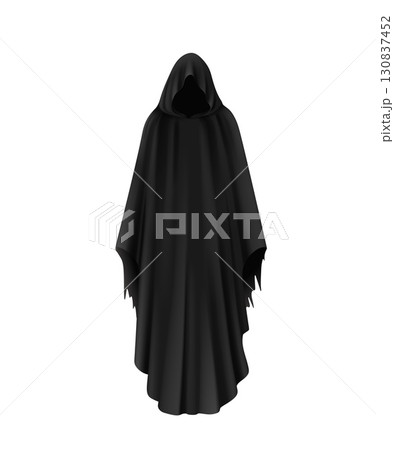 Angel of death in dark robe with hood. Vector scary Halloween demon figure, black magic wizard, grim reaper or faceless ghost monster in medieval gothic hooded cloak. Horror angel of death tattoo Angel of death in dark robe with hood. Vector scary Halloween demon figure, black magic wizard, grim reaper or faceless ghost monster in medieval gothic hooded cloak. Horror angel of death tattoo 130837452