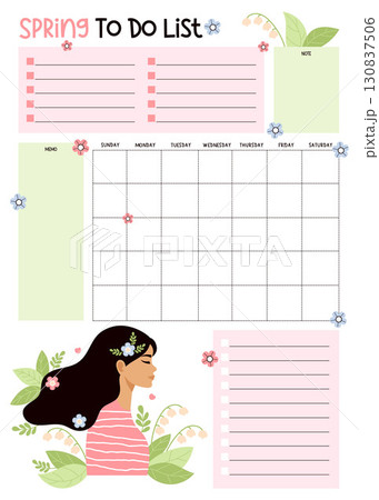 Spring Planner. Cute Woman Portrait with Flowers lily of the valley. Female Organizer for Calendar Month, To-Do list and Note, memo. Seasonal Vertical printable Template. Vector illustration. Not AI Spring Planner. Cute Woman Portrait with Flowers lily of the valley. Female Organizer for Calendar Month, To-Do list and Note, memo. Seasonal Vertical printable Template. Vector illustration. Not AI 130837506