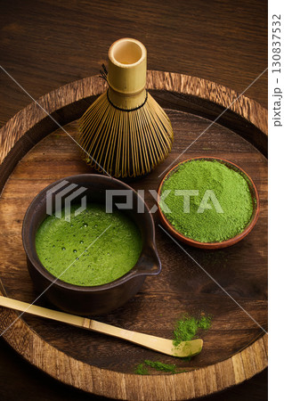 Matcha Tea Set. Elegant display of matcha tea set Matcha Tea Set. Elegant display of matcha tea set 130837532