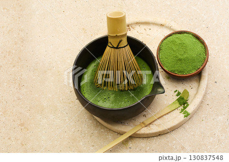 Matcha Tea Ceremony. Ceremonial matcha with bamboo whisk, bowl 130837548