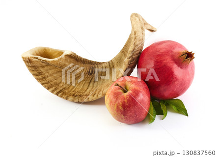 Rosh Hashanah. A shofar, apple, and pomegranate symbolize Rosh Hashanah 130837560