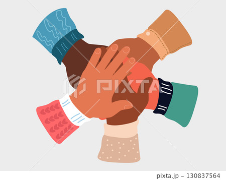 Inter-racial friendship, Association of different people, solidarity of peoples. Holding hands. Teamwork. The concept of international friendship. Cartoon-style vector 130837564