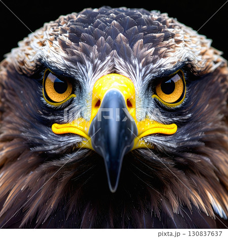 Intense close portrait of a golden eagle staring directly 130837637