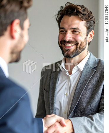 Businessman smiling while shaking hands in professional agreement 130837640