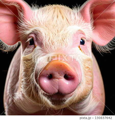 Pink piglet close portrait with expressive eyes and snout 130837642
