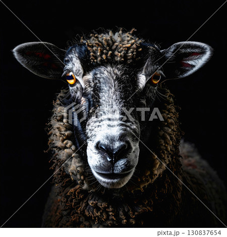 Black sheep with curly wool and piercing orange eyes 130837654