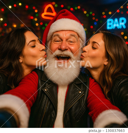 Santa Claus taking selfie at bar with two women kissing 130837663