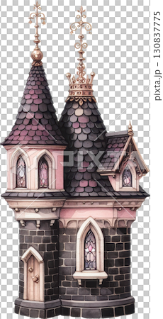 An ornate fairytale gothic tower house with pink accents and stained glass An ornate fairytale gothic tower house with pink accents and stained glass 130837775