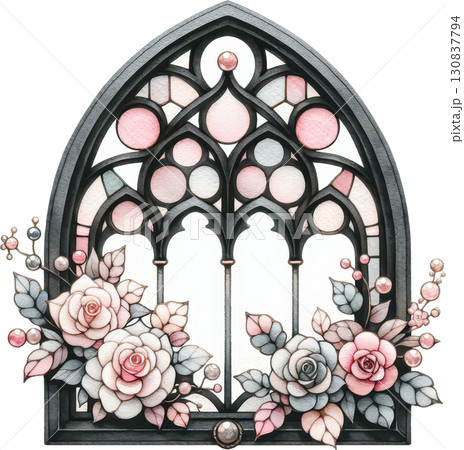 Elegant Gothic stained glass window adorned with roses and pearls 130837794