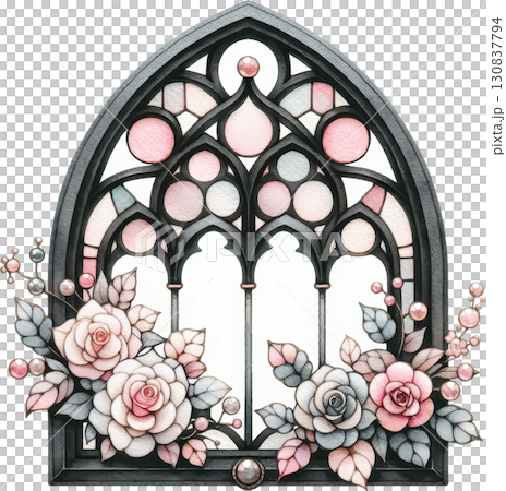 Elegant Gothic stained glass window adorned with roses and pearls 130837794