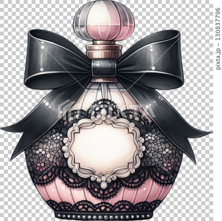 An elegant pink perfume bottle adorned with a black satin bow and intricate black lace An elegant pink perfume bottle adorned with a black satin bow and intricate black lace 130837796