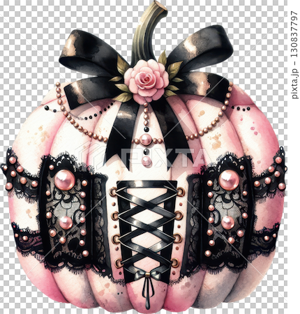 Elegant pink pumpkin adorned with black lace ribbons and floral details 130837797