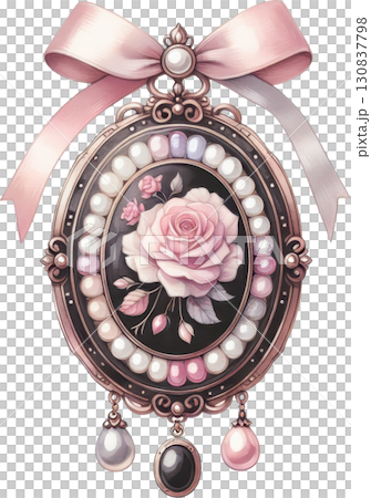 Elegant pink rose cameo brooch with pearls and ribbons Elegant pink rose cameo brooch with pearls and ribbons 130837798