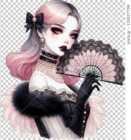 Elegant woman in gothic vintage attire holding a lace fan Elegant woman in gothic vintage attire holding a lace fan 130837799