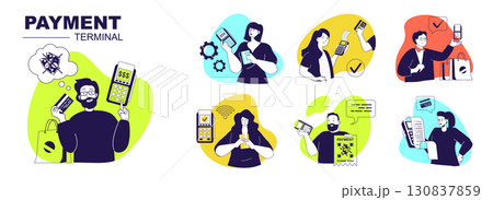 Payment terminal concept set for web design. Collection with people using wireless and contactless POS terminals for paying, checkout with credit cards and cashless technology. Vector illustration. Payment terminal concept set for web design. Collection with people using wireless and contactless POS terminals for paying, checkout with credit cards and cashless technology. Vector illustration. 130837859